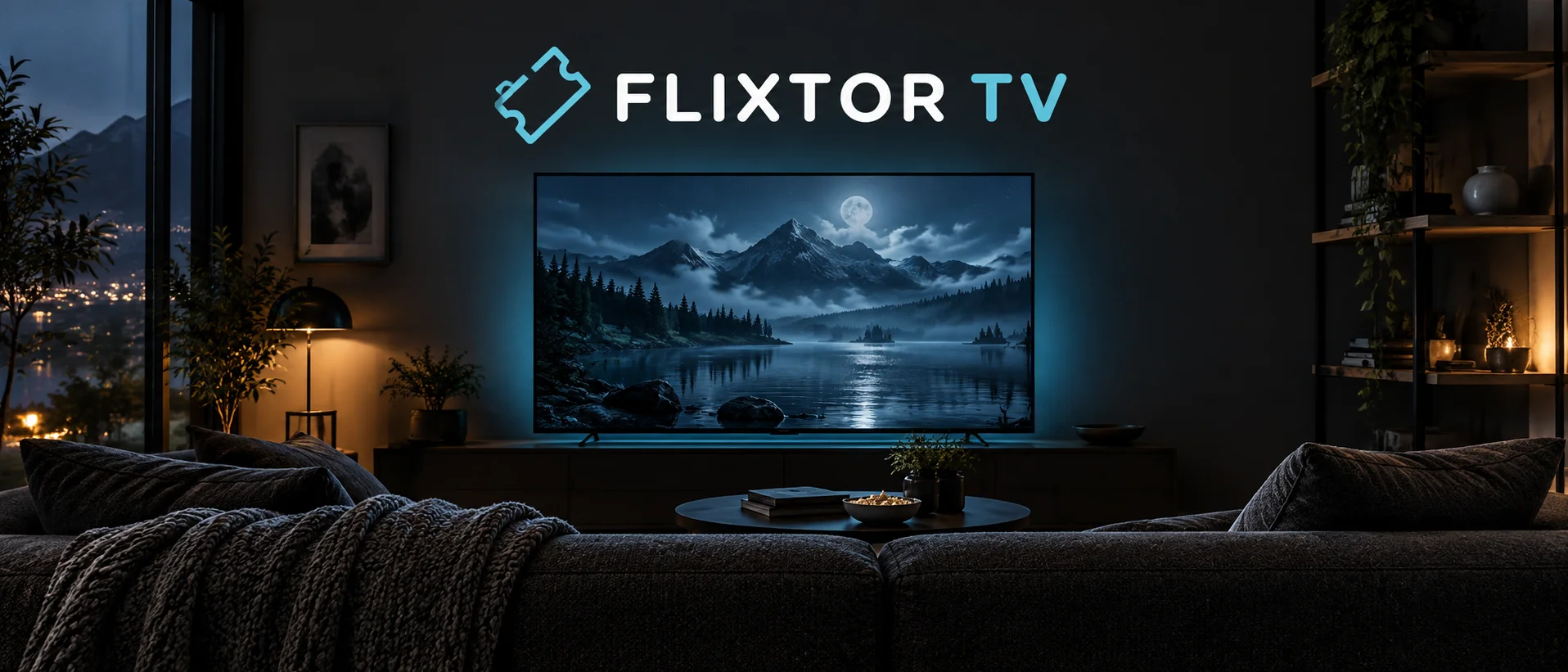 FlixtorTV white and cyan ticket wordmark over a charcoal movie-night room